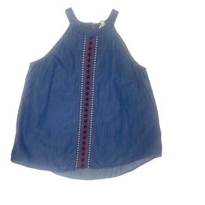 EST 1946 Top 18/20W Womens Blue Sleeveless Denim Embroidered Front Hippie Boho